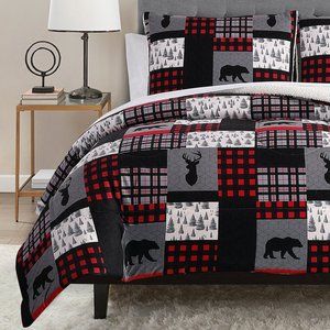 New 3 Piece Black / Grey Patchwork Luxury Sherpa Comforter Set • KING